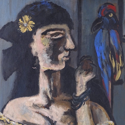 1114 - Modern oil on board, woman with parrot, 21