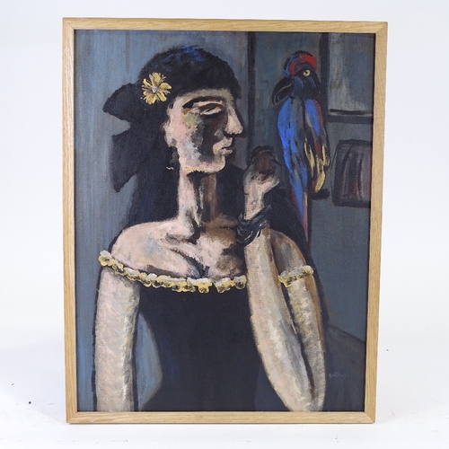 1114 - Modern oil on board, woman with parrot, 21