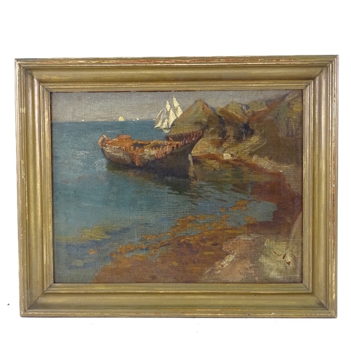 1118 - Early 20th century Newlyn School, oil on canvas, moored boat by rocks, unsigned, 13