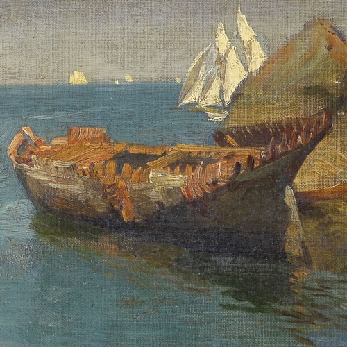 1118 - Early 20th century Newlyn School, oil on canvas, moored boat by rocks, unsigned, 13