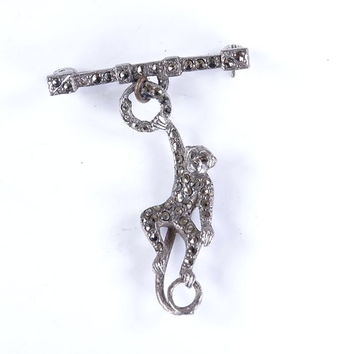 210A - 1940s novelty full set marcasite pendant brooch, in the form of a monkey suspended from a hoop and b... 