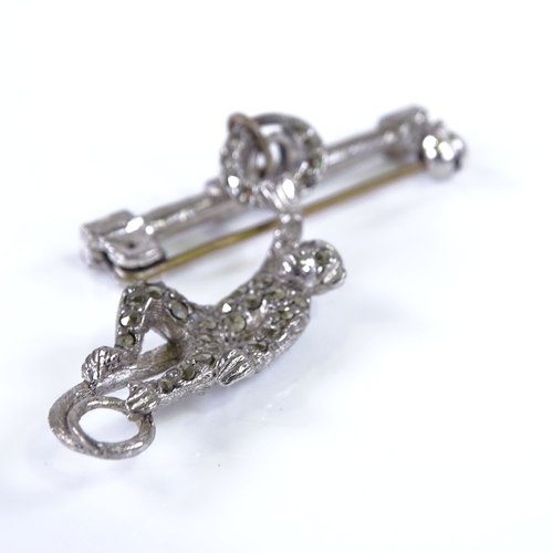 210A - 1940s novelty full set marcasite pendant brooch, in the form of a monkey suspended from a hoop and b... 