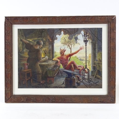 1247 - A C Powell, watercolour, devil tormenting a blacksmith, signed and dated 1935, 10