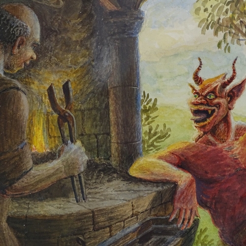 1247 - A C Powell, watercolour, devil tormenting a blacksmith, signed and dated 1935, 10