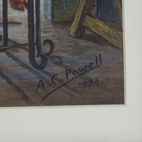 1247 - A C Powell, watercolour, devil tormenting a blacksmith, signed and dated 1935, 10