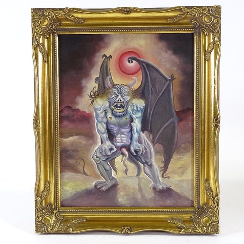 1248 - Mixed media on wood panel, a demon, inscribed verso James Brown, 1975, 13.5