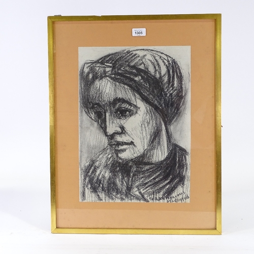 1305 - Klampt, charcoal portrait of a woman, signed and dated 1966, 17.5