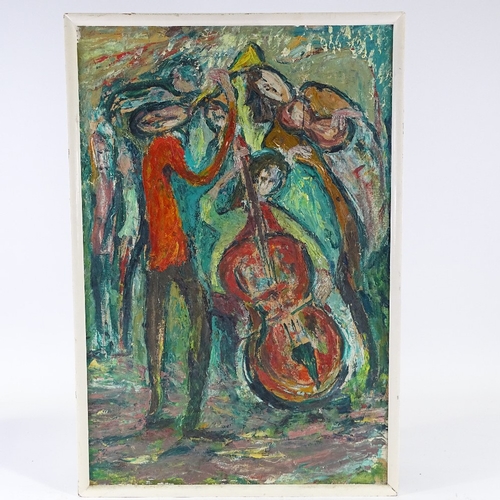 1306 - A mid-century impasto oil on board, musicians, unsigned, 30