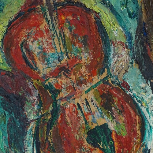 1306 - A mid-century impasto oil on board, musicians, unsigned, 30