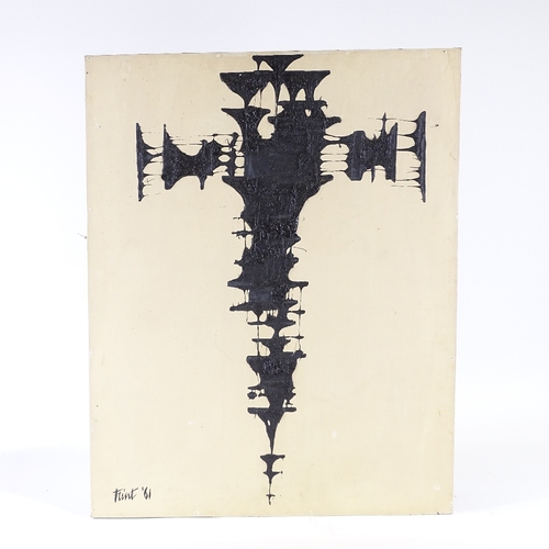 1310 - Flint, oil on board, abstract black cross, signed and dated '61, 29