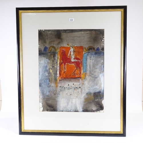 1329 - Leo McDowell, mixed media, gouache/watercolour on paper, Etruscan horse and rider, signed with RI Ex... 