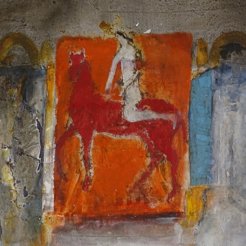 1329 - Leo McDowell, mixed media, gouache/watercolour on paper, Etruscan horse and rider, signed with RI Ex... 