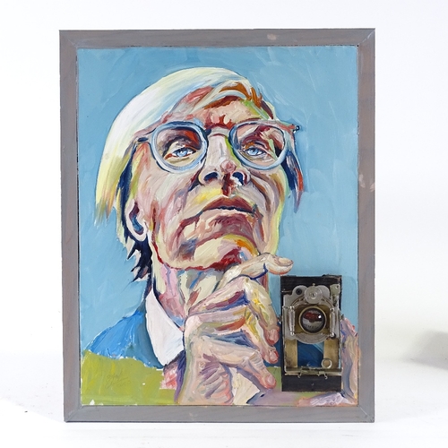 1335 - Clive Fredriksson, mixed media, oil on board, with Vintage camera Andy Warhol, 19.5