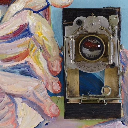 1335 - Clive Fredriksson, mixed media, oil on board, with Vintage camera Andy Warhol, 19.5