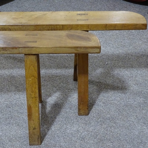 280 - A pair of 19th century French fruitwood trestle type benches, length 2m