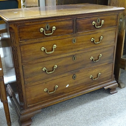 346 - A George III mahogany chest of 3 long and 2 short drawers, with blind fret carved corners, and ogee ... 