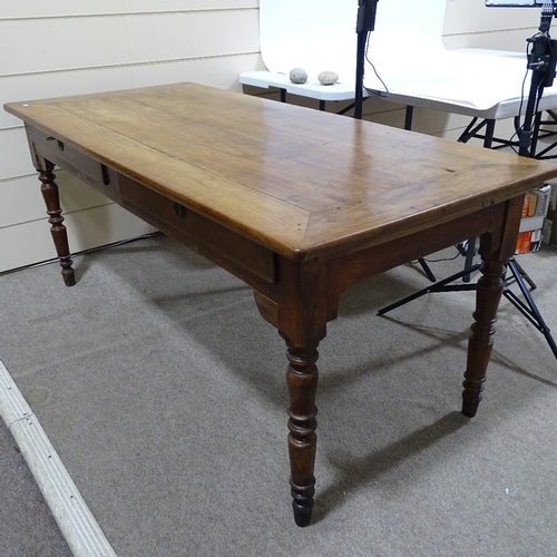 347 - 19th century fruitwood farmhouse table, 2 frieze drawers and ring turned legs, 179cm x 79cm