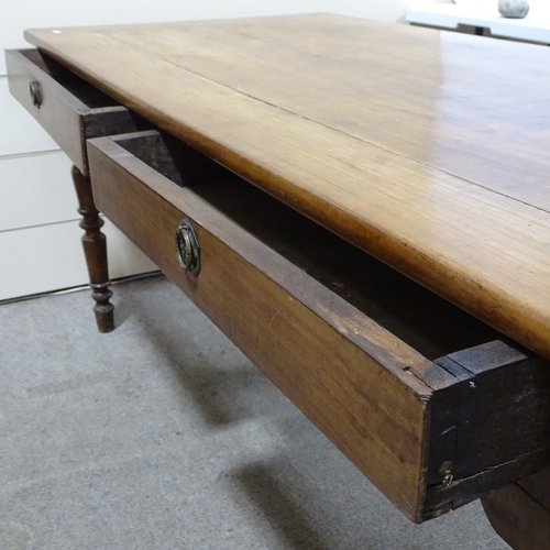 347 - 19th century fruitwood farmhouse table, 2 frieze drawers and ring turned legs, 179cm x 79cm