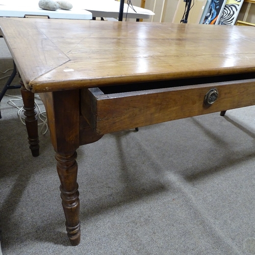 347 - 19th century fruitwood farmhouse table, 2 frieze drawers and ring turned legs, 179cm x 79cm