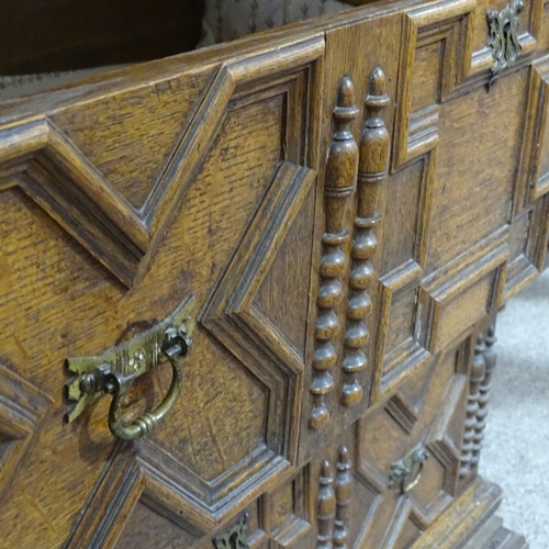 392 - A late 17th/early 18th century oak chest of 4 long drawers, with applied moulded and split turned dr... 