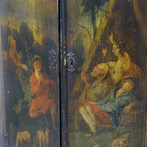 82 - A 19th century bow-front 2-door hanging corner cupboard, with painted religious scene, height to top... 