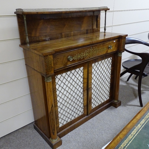 83 - A Regency rosewood secretaire chiffonier, brass-mounted panelled shelf above, brass inlaid secretair... 