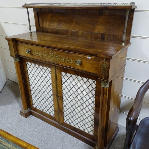 83 - A Regency rosewood secretaire chiffonier, brass-mounted panelled shelf above, brass inlaid secretair... 