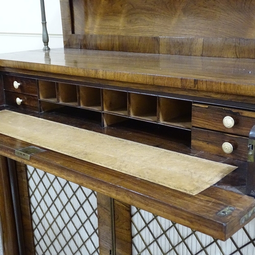 83 - A Regency rosewood secretaire chiffonier, brass-mounted panelled shelf above, brass inlaid secretair... 