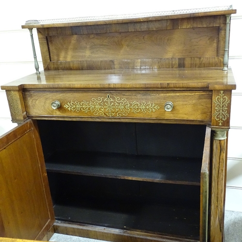 83 - A Regency rosewood secretaire chiffonier, brass-mounted panelled shelf above, brass inlaid secretair... 