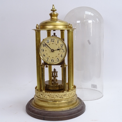 8 - A large German brass 400-day clock, hand painted Arabic numerals with column supports, maker's marks... 