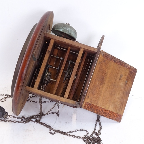 116 - A mahogany-cased circular dial wall clock,with postman's alarm, pine cone weights and movement strik... 