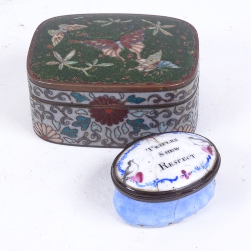 139 - A 19th century cloisonne enamel box and cover, and an 18th century Bilston enamel patch box with lid... 