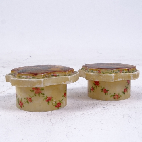 149 - A pair of ivory rouge pots circa 1900, the shaped lids hand painted in the style of Vernis Martin, t... 