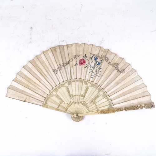 164 - A 19th century Chinese carved and pierced ivory brise fan, with hand coloured and gilded engraving d... 