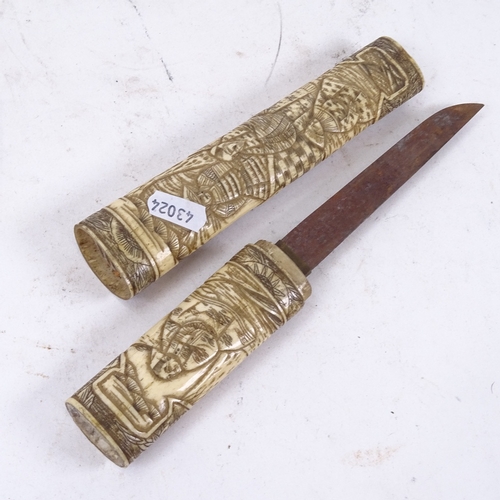 165 - A Japanese bone-handled tanto knife and scabbard, blade length 15cm