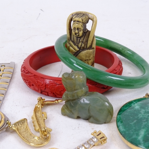 174 - Various Oriental and other collectables, including jadeite bangle, cinnabar bangle, Hugo Buchser qua... 