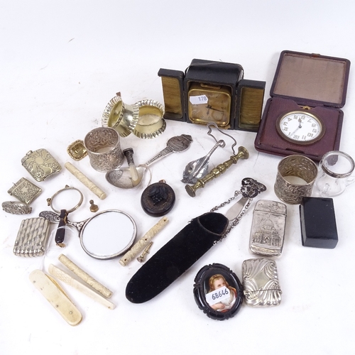 178 - Various collectables, including carved jet locket, papier mache snuffbox, silver plated Vestas, Geor... 