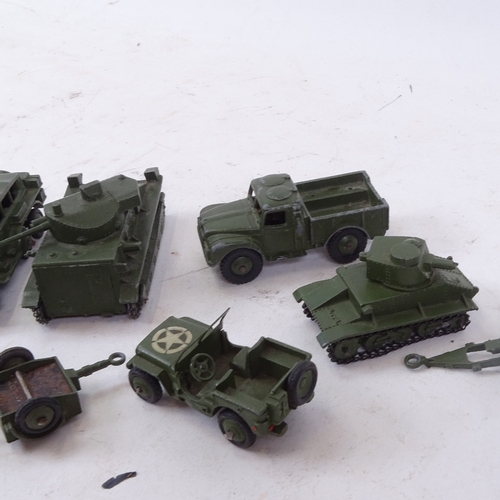 195 - Various Vintage Dinky Toys diecast military vehicles, including Cargo Truck, Tank and Jeep