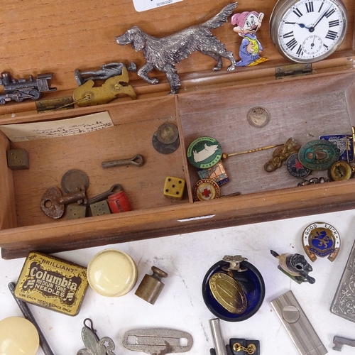 206 - A box of miscellaneous, including nickel plate top-wind 8-day pocket watch, plated Spaniel figure, c... 