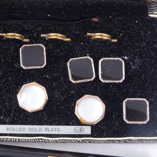 217 - A group of 9ct white gold onyx panel buttons and dress stud, rolled gold and mother-of-pearl buttons... 