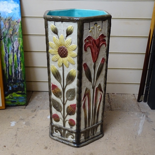 234 - Victorian Wedgwood Majolica stick stand of hexagonal form, with relief moulded floral panels, height... 