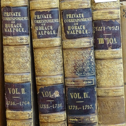 254 - A shelf of books, including private correspondence of Horace Walpole, 4 volumes leather-bound