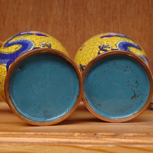 259 - A pair of Chinese cloisonne enamel yellow ground dragon vases, height 13cm