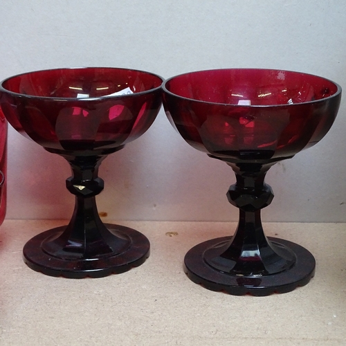 290 - A Victorian cranberry glass ewer (no stopper), and 5 other pieces of coloured glass (6)