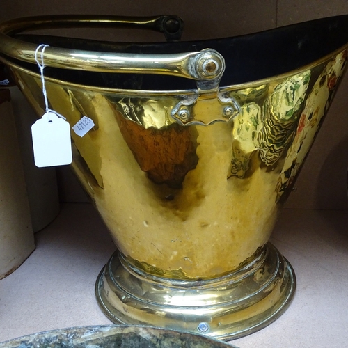 304 - A Victorian brass coal bin, a Victorian copper pan with brass handle, and 2 other copper pans