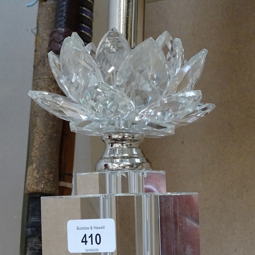 319 - A chrome-stemmed table lamp with rectangular shade and crystal flower decoration, height 52cm