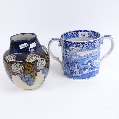 362 - A large 19th century blue and white transfer pottery loving cup, height 15cm, and a Royal Doulton st... 