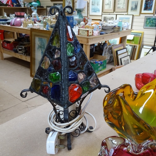 366 - 4 Murano free-form coloured glass bowls, and a wrought-iron framed lamp with coloured glass inset sh... 