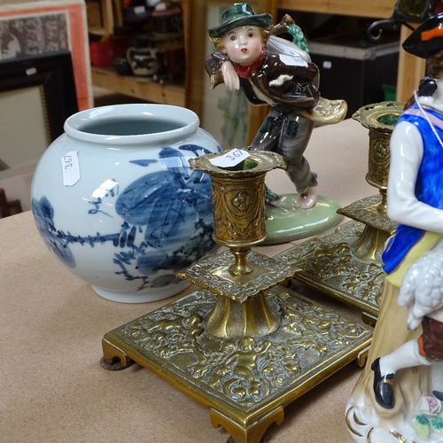 367 - Cast-brass candlesticks, Chinese blue and white porcelain vase, Dog of Fo ornaments etc