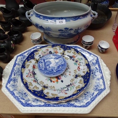 376 - A 19th century blue and white transfer pottery meat plate, length 42cm, a group of 19th century tea ... 